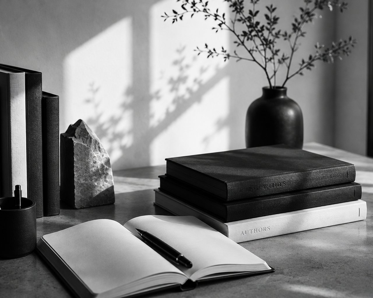 Escritorio con libros y cuaderno de escritura